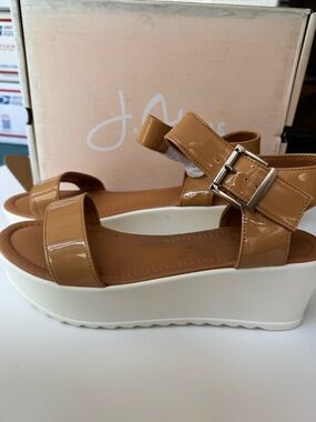 J. Adams Surf Tan Patent Platform Sandals with White Sole